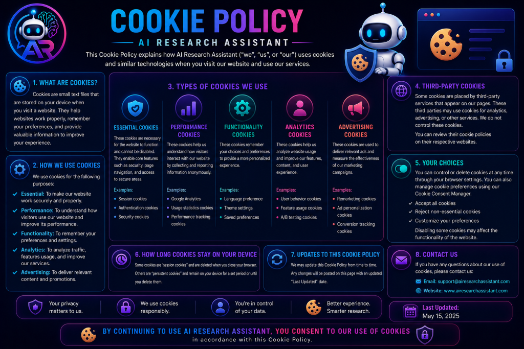 An illustration explaining the use of cookies and tracking technologies on the AI Research Assistant platform.